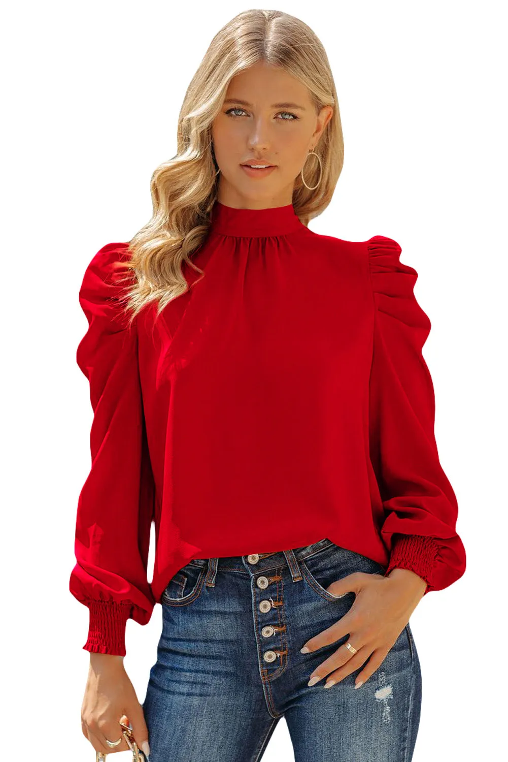 Womens High Neck Puff Long Sleeve Dressy Casual Work Loose Blouses Tops Shirts