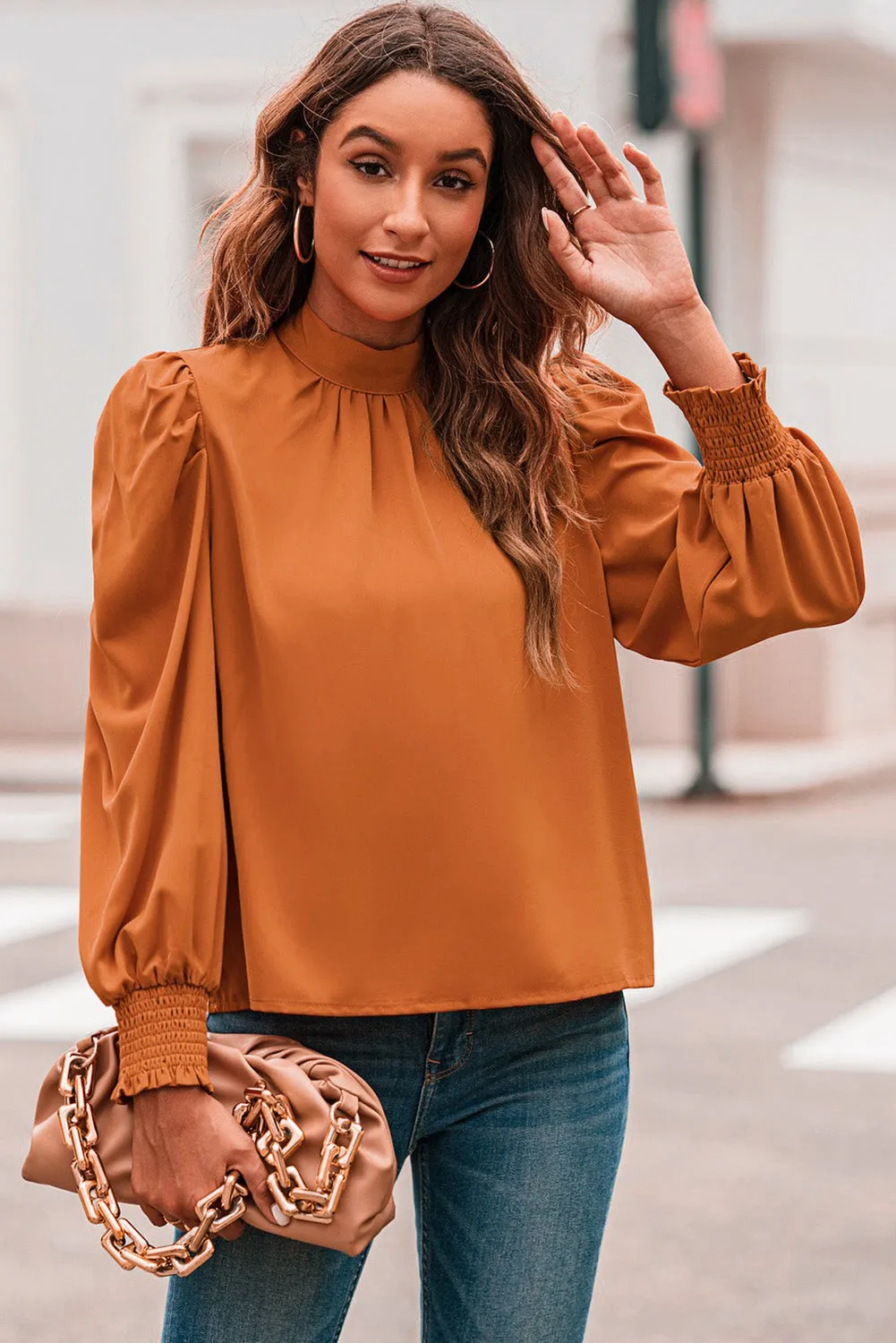 Womens High Neck Puff Long Sleeve Dressy Casual Work Loose Blouses Tops Shirts