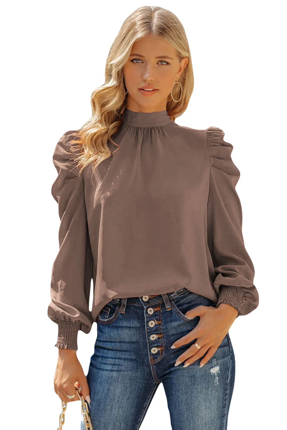 Womens High Neck Puff Long Sleeve Dressy Casual Work Loose Blouses Tops Shirts