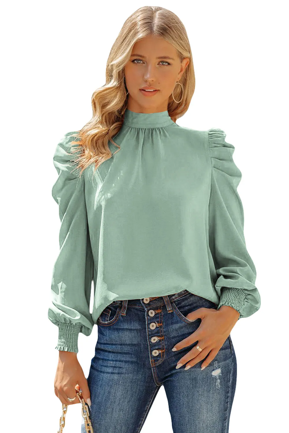 Womens High Neck Puff Long Sleeve Dressy Casual Work Loose Blouses Tops Shirts