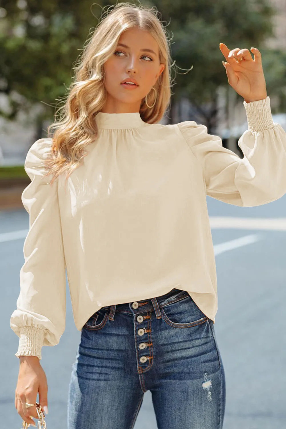 Womens High Neck Puff Long Sleeve Dressy Casual Work Loose Blouses Tops Shirts