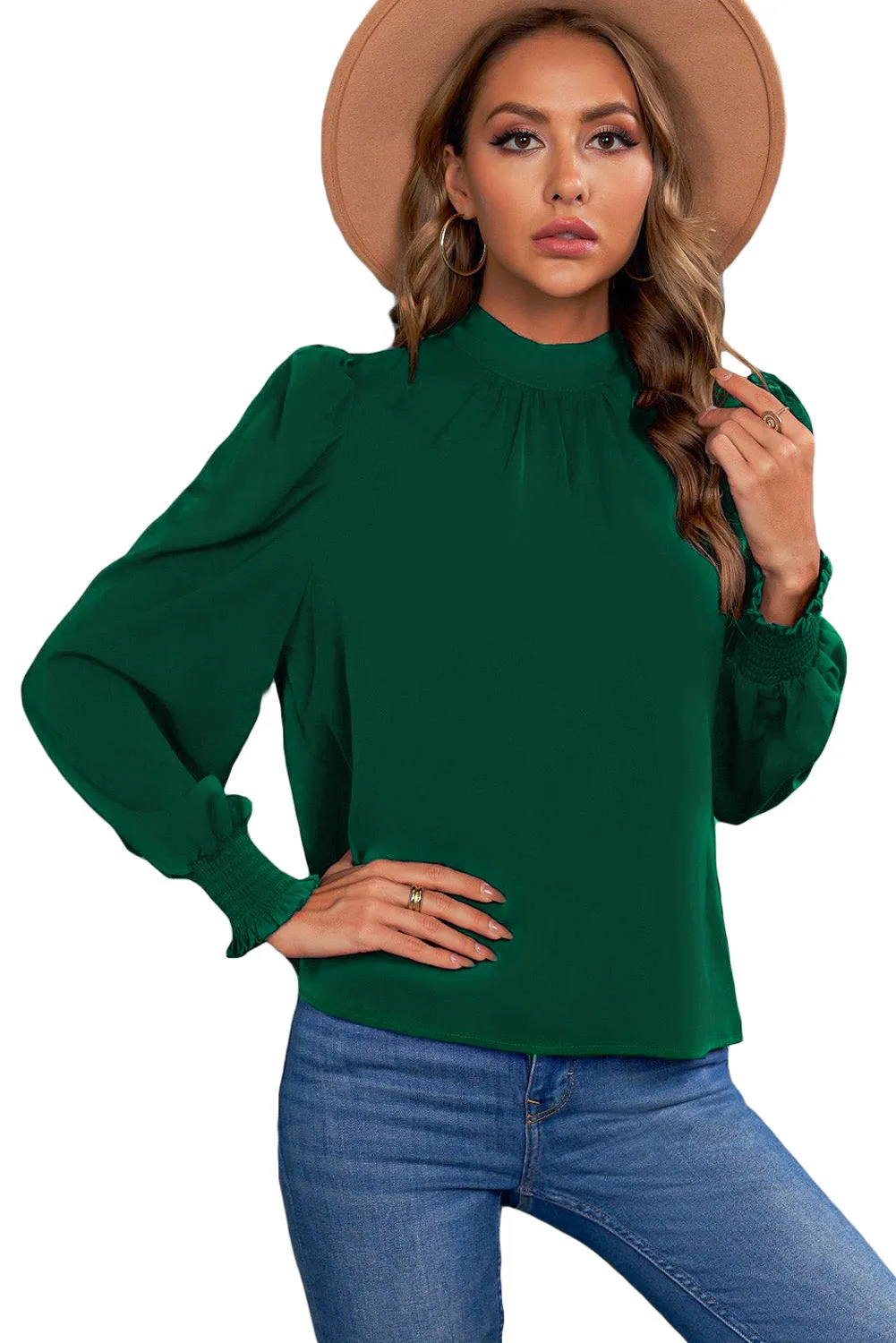 Womens High Neck Puff Long Sleeve Dressy Casual Work Loose Blouses Tops Shirts