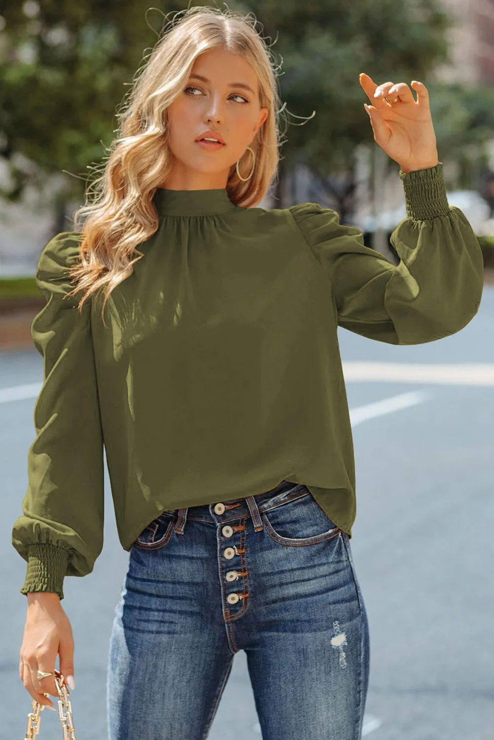 Womens High Neck Puff Long Sleeve Dressy Casual Work Loose Blouses Tops Shirts