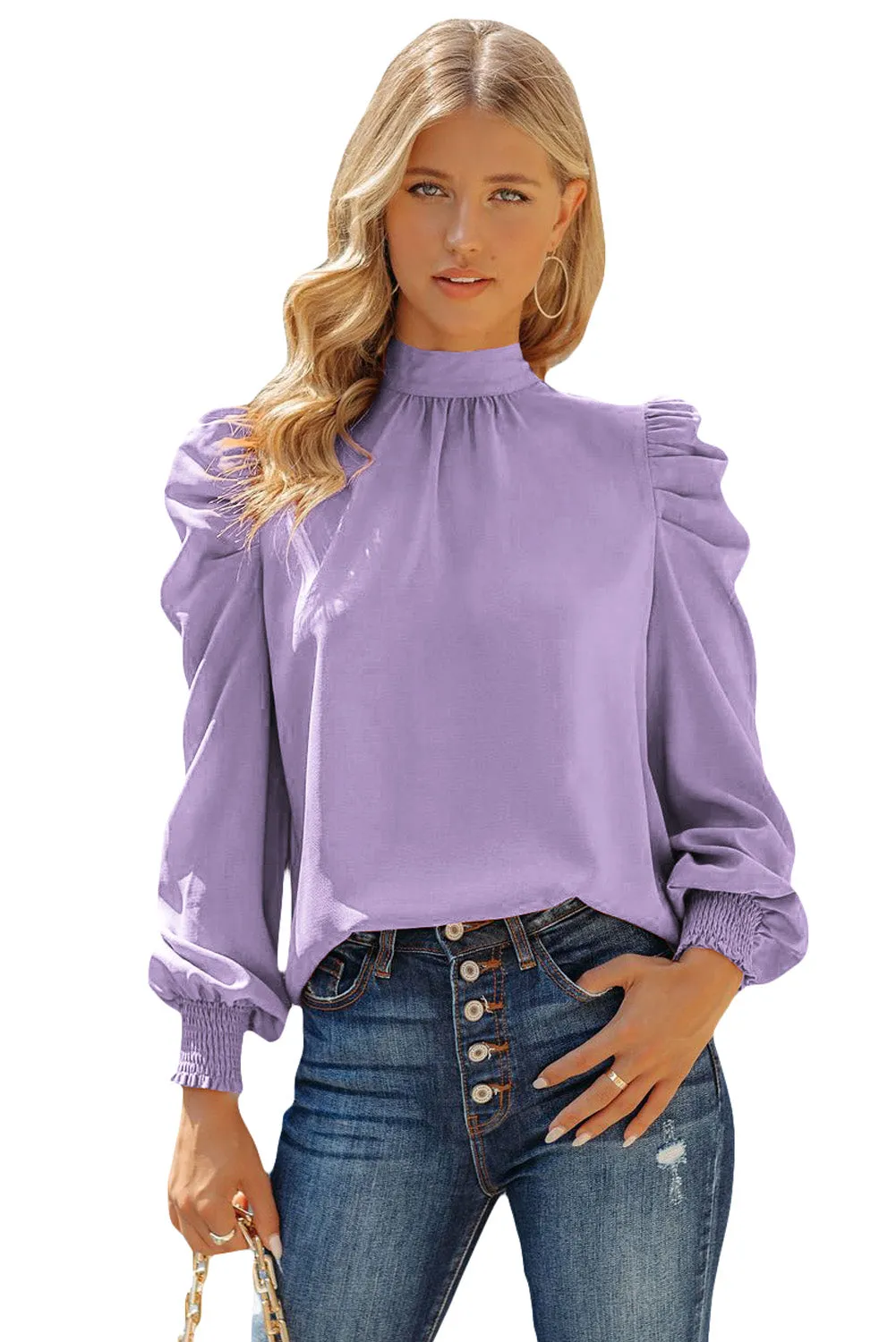 Womens High Neck Puff Long Sleeve Dressy Casual Work Loose Blouses Tops Shirts