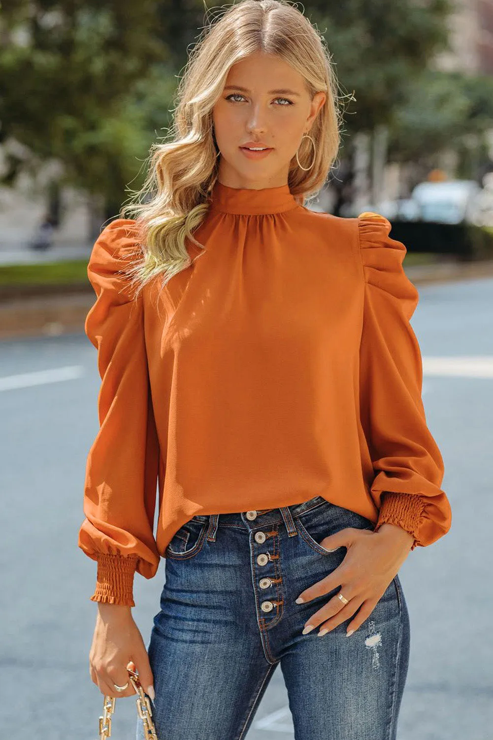 Womens High Neck Puff Long Sleeve Dressy Casual Work Loose Blouses Tops Shirts