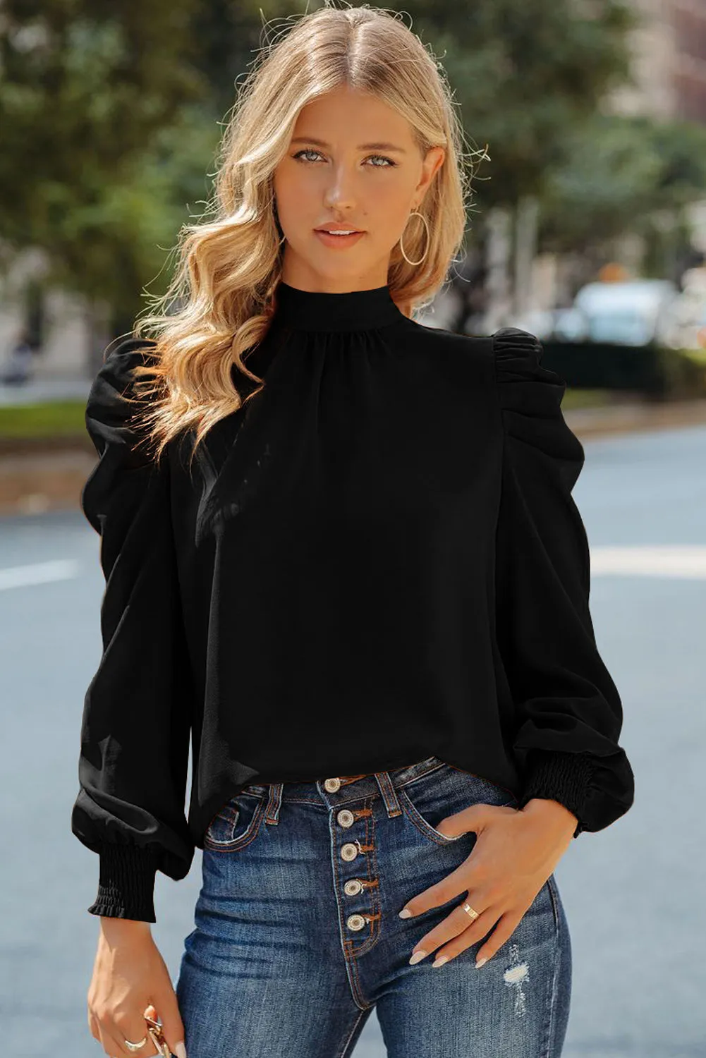 Womens High Neck Puff Long Sleeve Dressy Casual Work Loose Blouses Tops Shirts