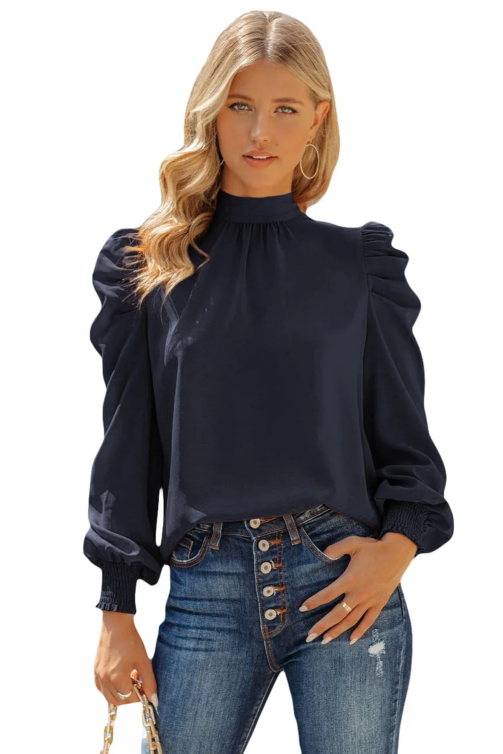 Womens High Neck Puff Long Sleeve Dressy Casual Work Loose Blouses Tops Shirts