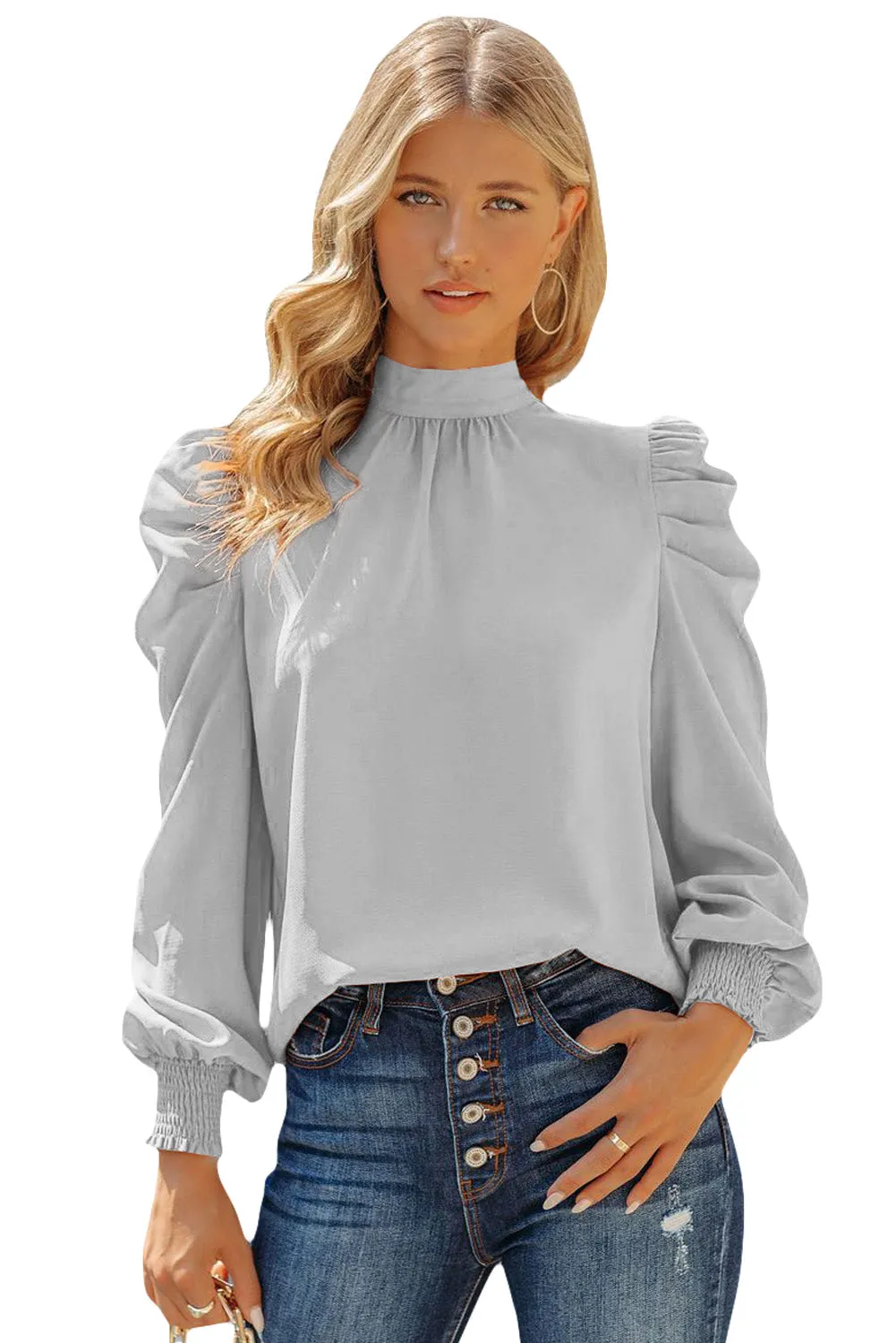 Womens High Neck Puff Long Sleeve Dressy Casual Work Loose Blouses Tops Shirts