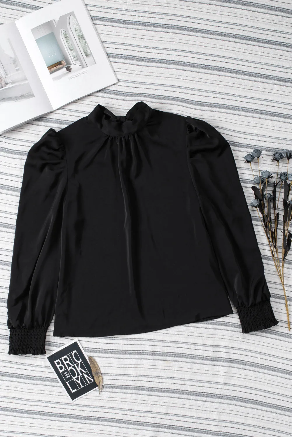 Womens High Neck Puff Long Sleeve Dressy Casual Work Loose Blouses Tops Shirts