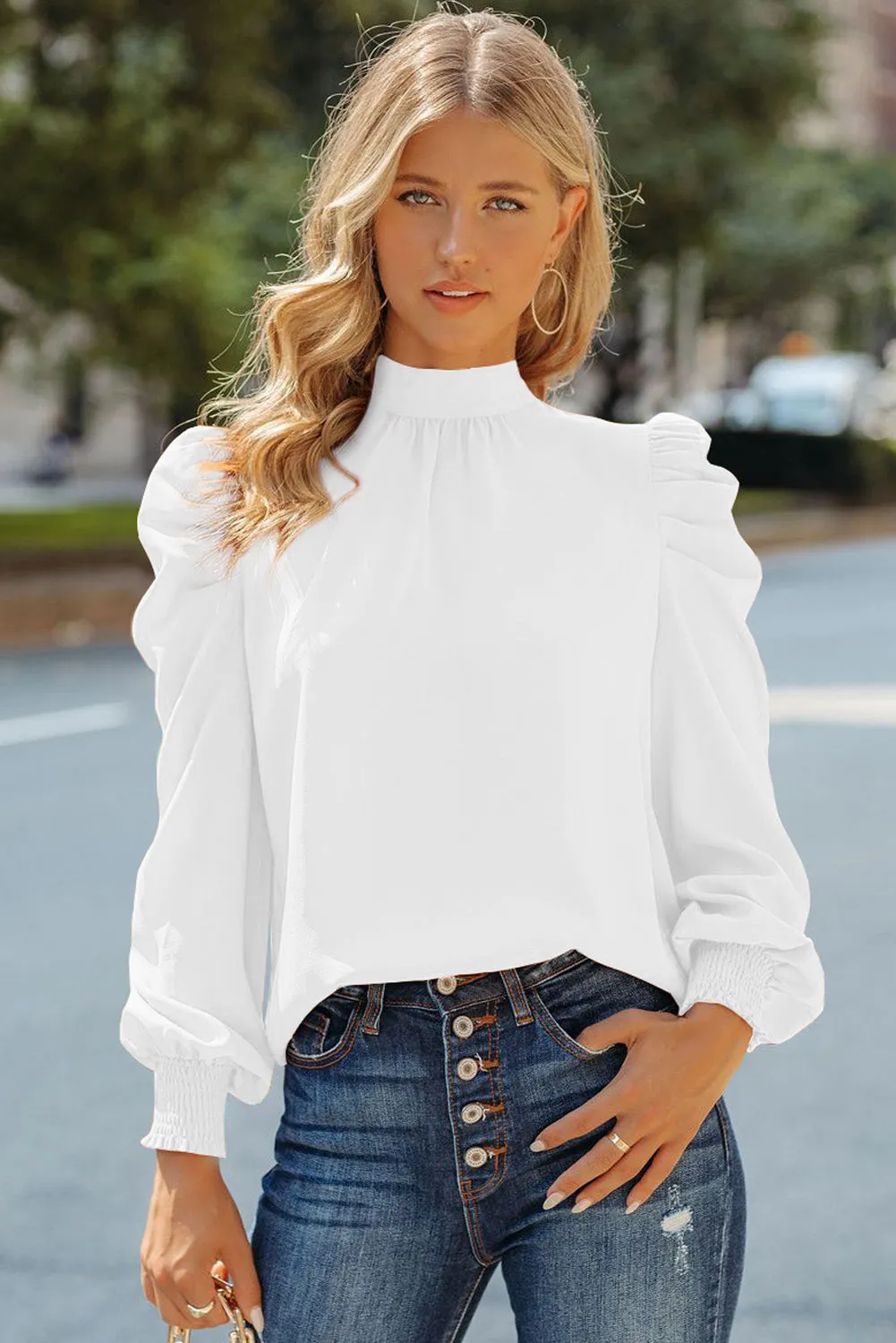 Womens High Neck Puff Long Sleeve Dressy Casual Work Loose Blouses Tops Shirts