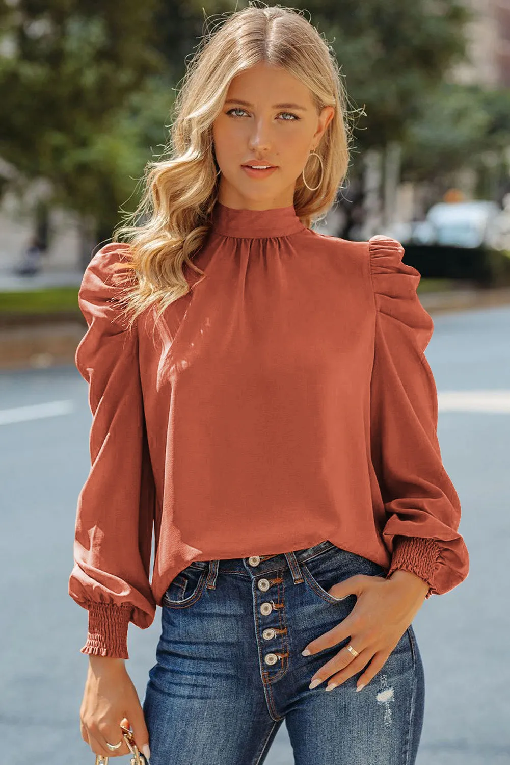 Womens High Neck Puff Long Sleeve Dressy Casual Work Loose Blouses Tops Shirts