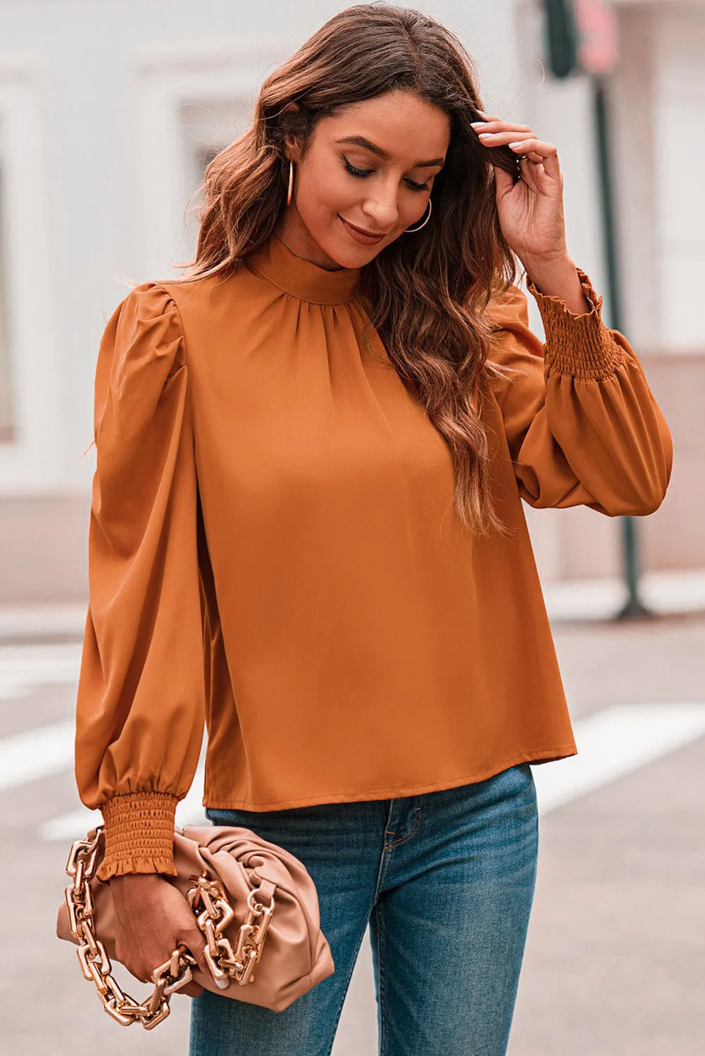 Womens High Neck Puff Long Sleeve Dressy Casual Work Loose Blouses Tops Shirts