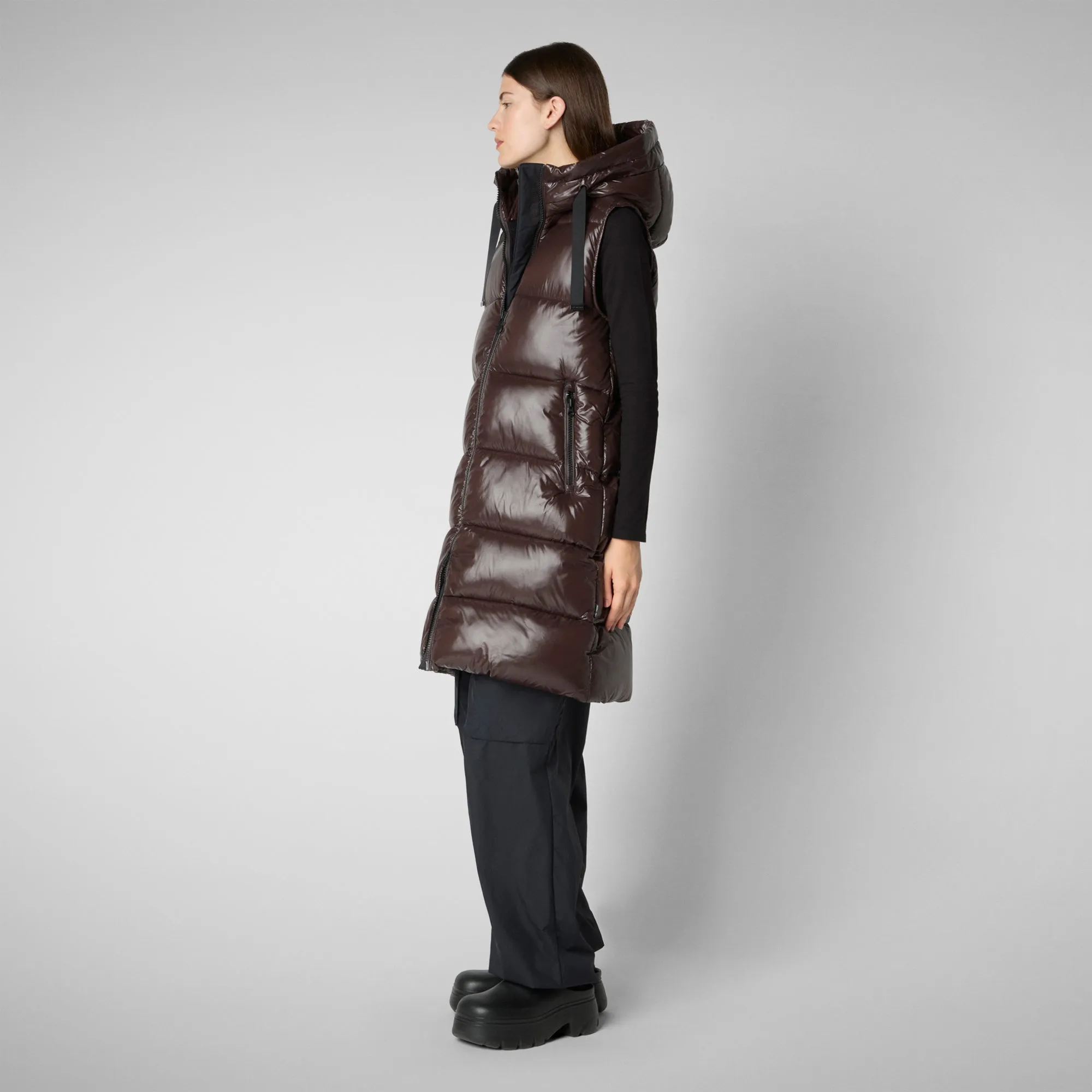 Women's Hooded Animal free Puffer Vest Iria in brown black