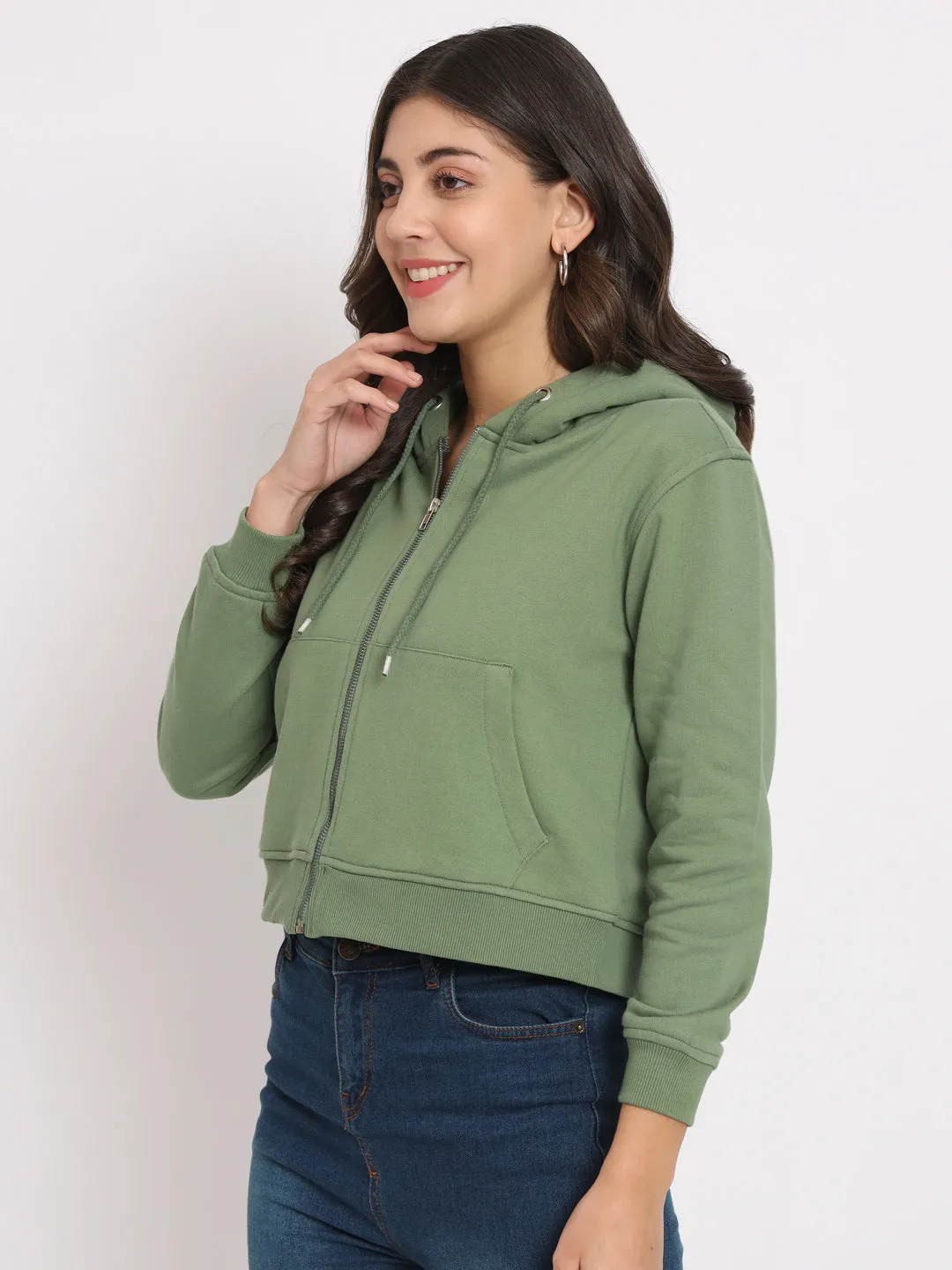 Women's Hooded Long Sleeves Cotton Olive Jacket