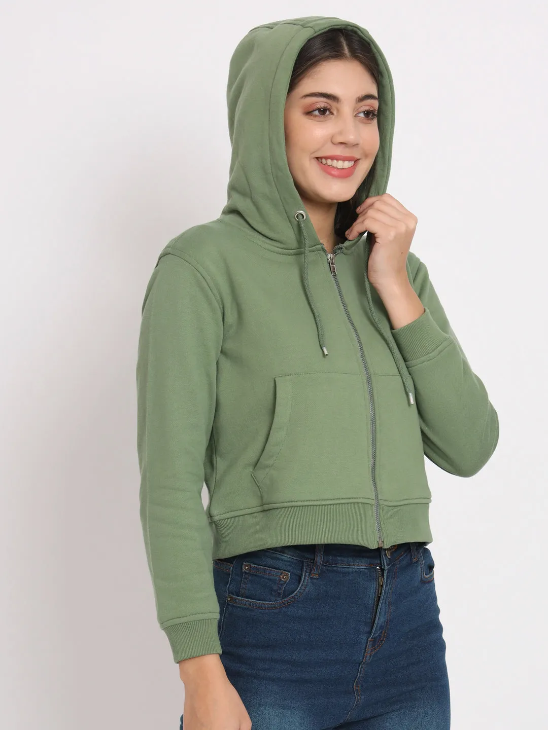 Women's Hooded Long Sleeves Cotton Olive Jacket