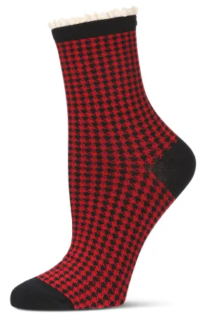 Women's Houndstooth Lace Cuff Crew Socks -Red