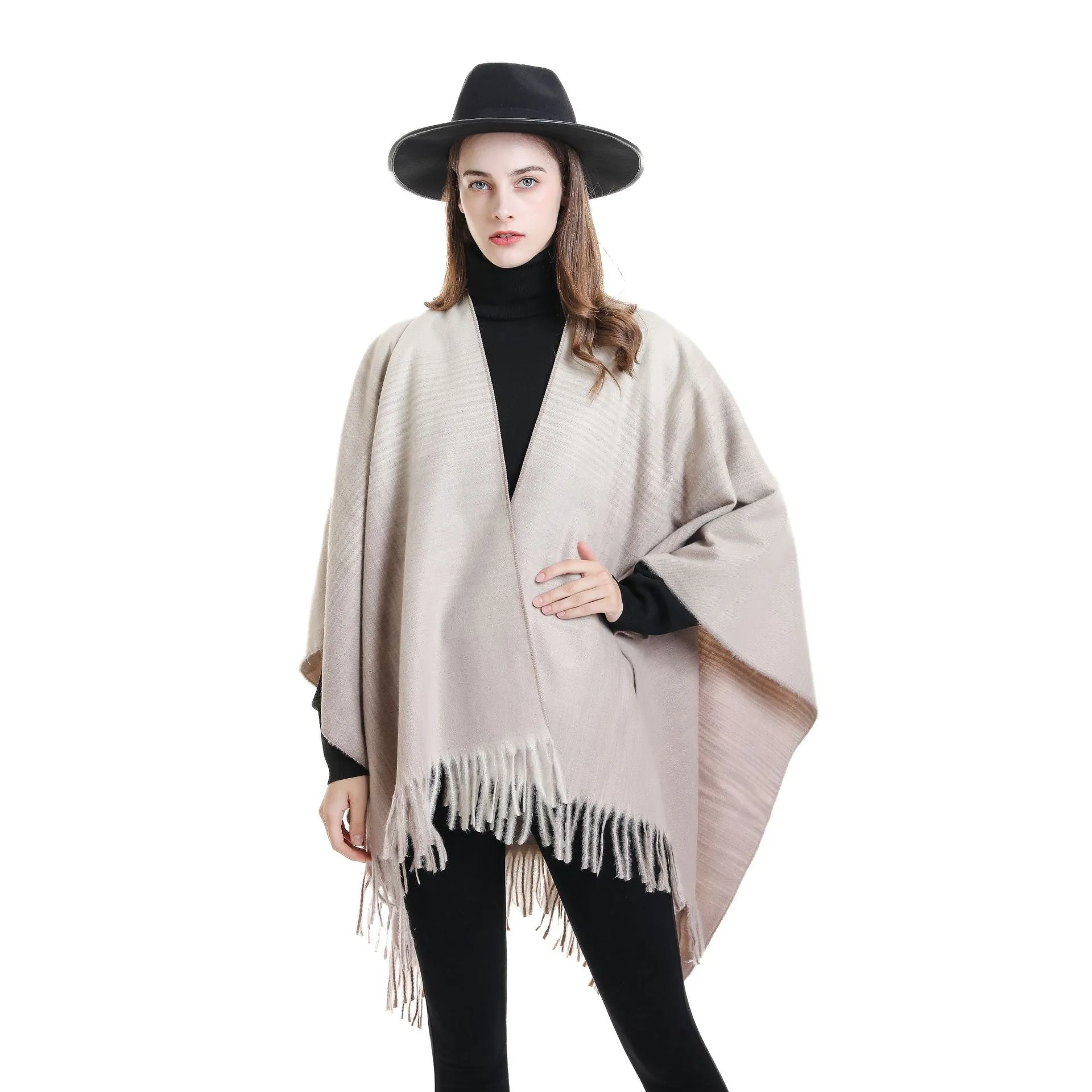 Women's imitation cashmere with cape cape and gradual tassel for warmth