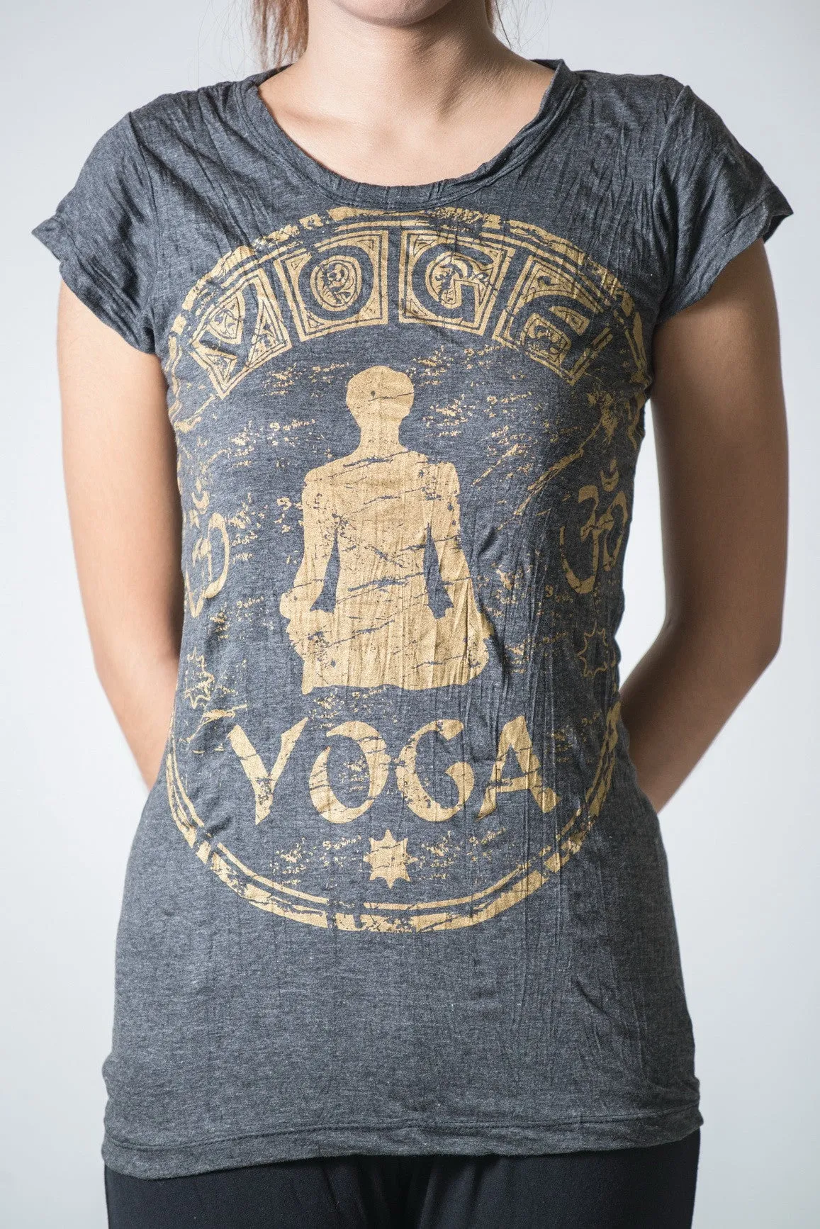 Womens Infinitee Yoga Stamp T-Shirt in Gold on Black