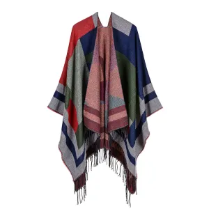 Women's jacquard geometric tassel color matching split shawl traveling cape