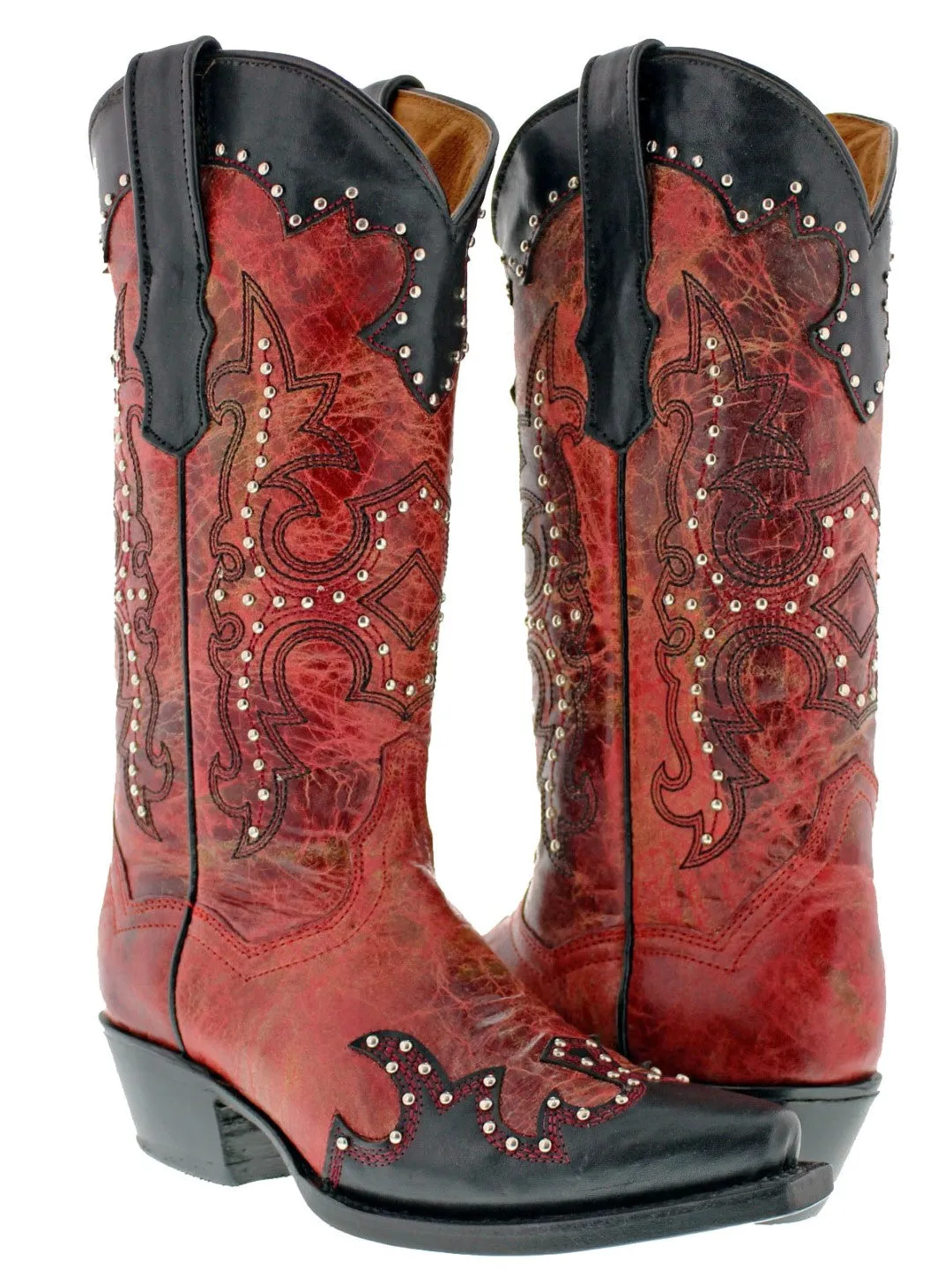 Womens Katy Baby Red Leather Cowboy Boots Studded - Snip Toe