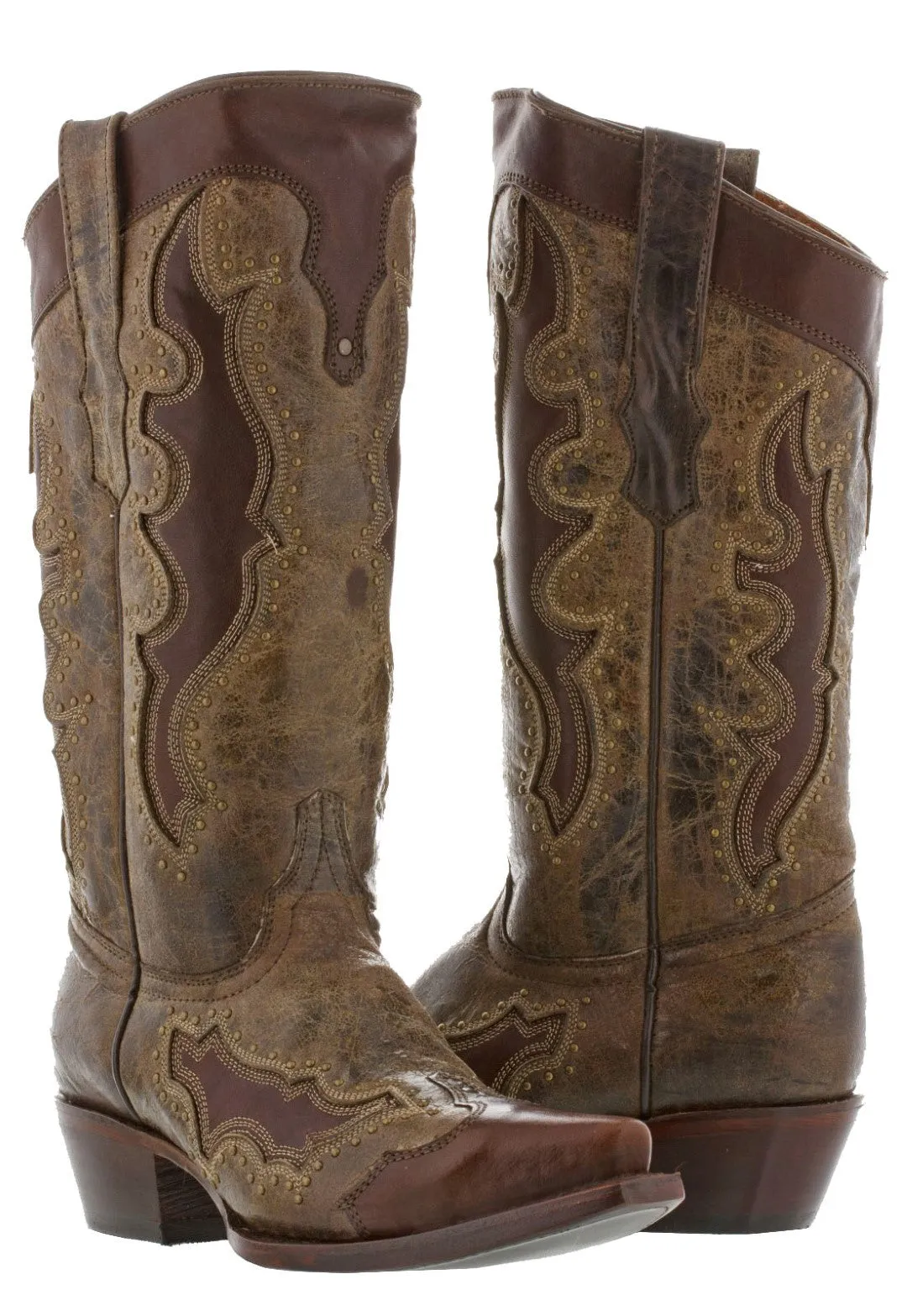 Womens Kenia Brown Western Cowboy Boots Studded - Snip Toe