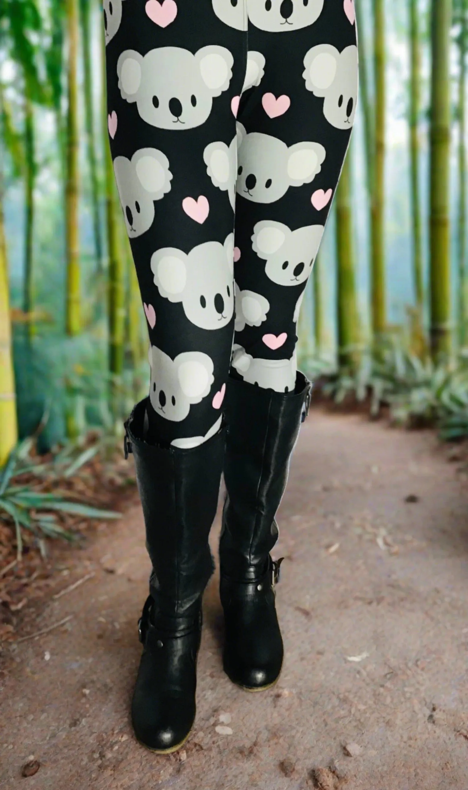 Womens Koala Bear Leggings, Soft Yoga Pants, Sizes OS/TC, Yoga Waist, Black/White, Exclusive Leggings