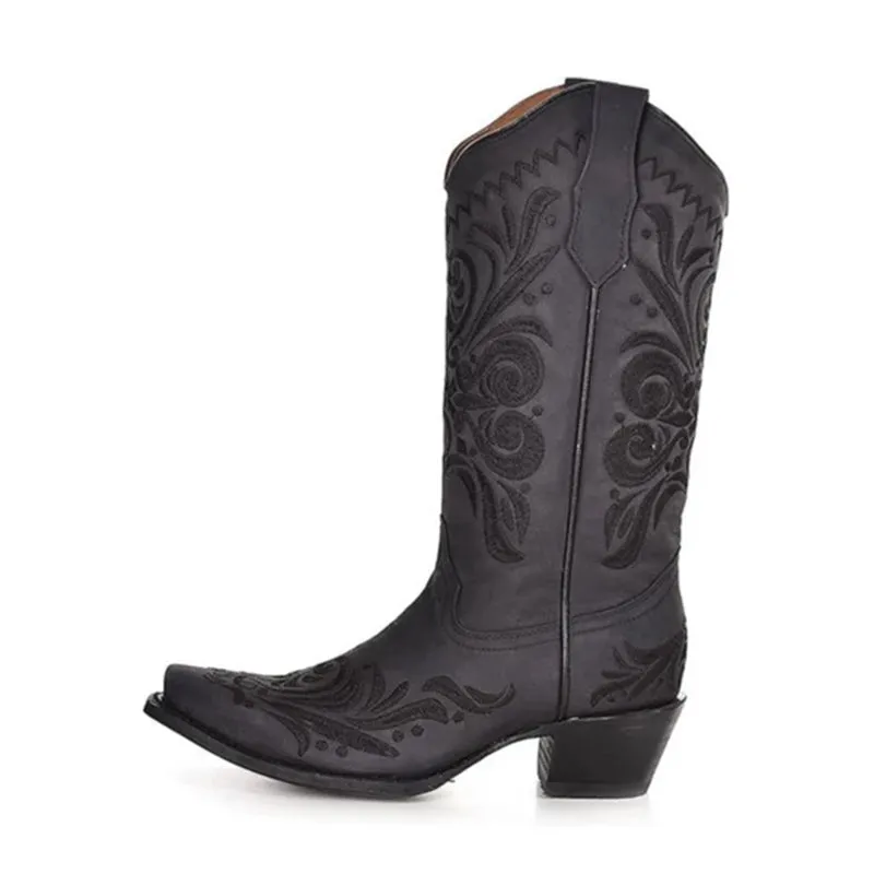 Women's L5433 Filigree Embroidery Snip Toe Cowboy Boots Black