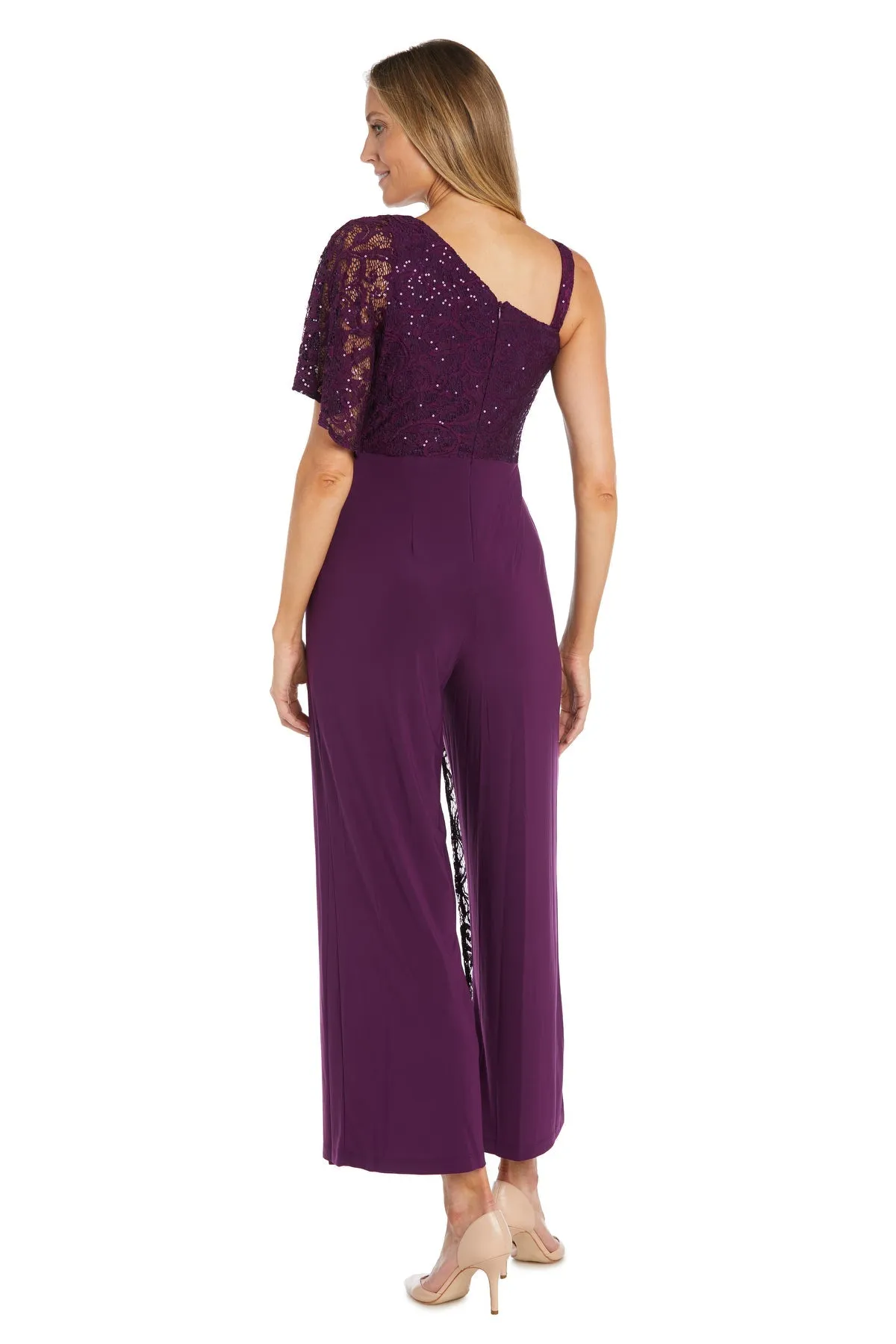 Women's Lace and Sequin Embellished Asymmetric Evening Jumpsuit