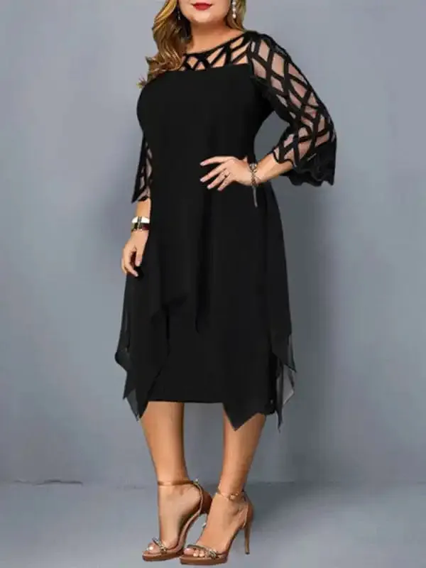 Women’s Lace Stitching Three-quarter Sleeve Irregular Hem Chiffon Dress