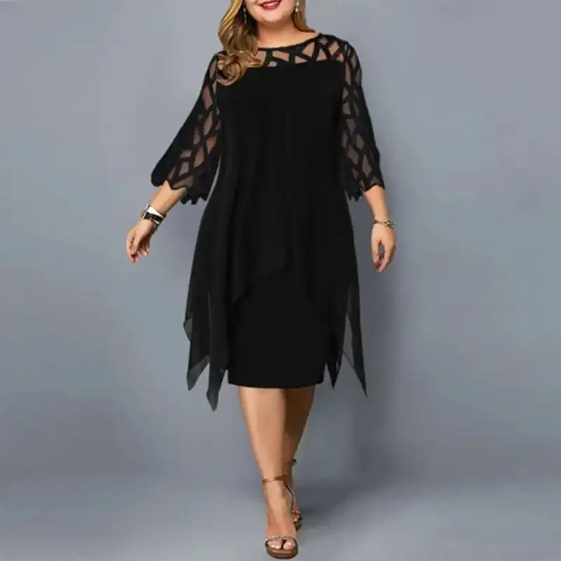 Women’s Lace Stitching Three-quarter Sleeve Irregular Hem Chiffon Dress