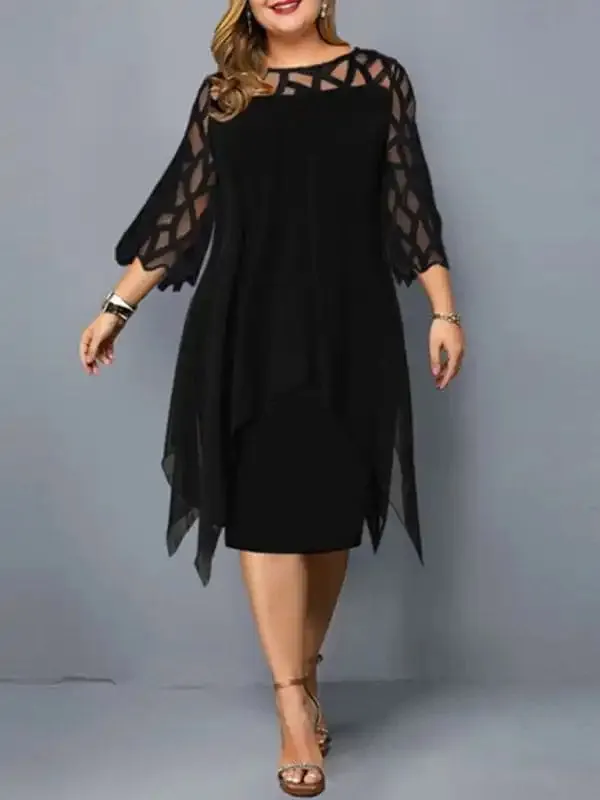 Women’s Lace Stitching Three-quarter Sleeve Irregular Hem Chiffon Dress