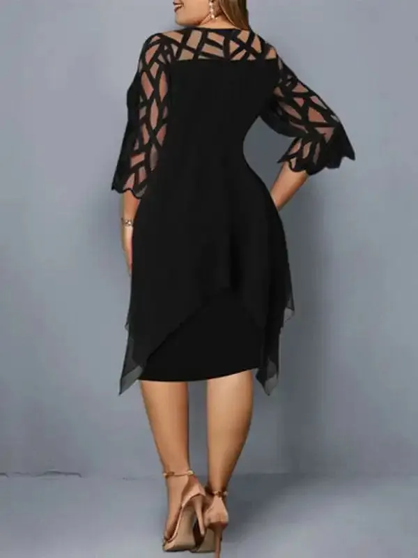 Women’s Lace Stitching Three-quarter Sleeve Irregular Hem Chiffon Dress