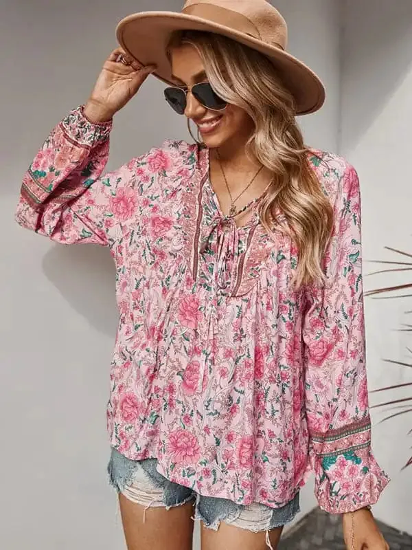 Women’s Lace Up Romantic Holiday Print Top