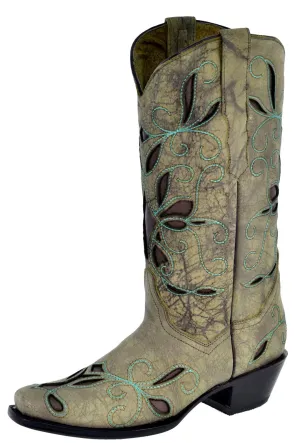 Womens Lauret Sand Cowboy Boots Floral Embroidered - Square Toe