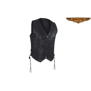 Womens Leather Motorcycle Studded Vest Side Laces