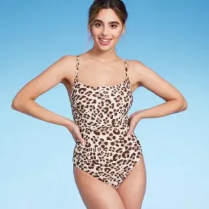 Women's Leopard Print Wrap Belt Medium Coverage One Piece Swimsuit - Kona Sol Beige XS