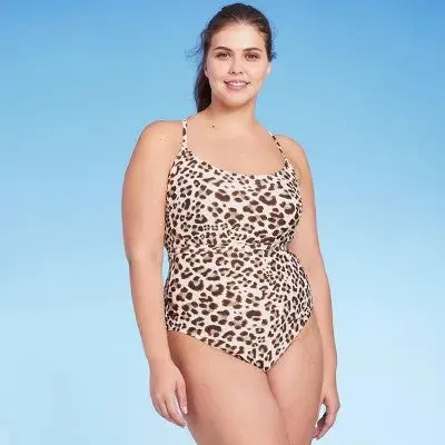 Women's Leopard Print Wrap Belt Medium Coverage One Piece Swimsuit - Kona Sol Beige XS