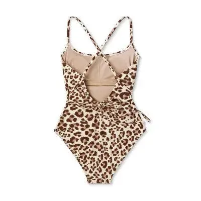 Women's Leopard Print Wrap Belt Medium Coverage One Piece Swimsuit - Kona Sol Beige XS