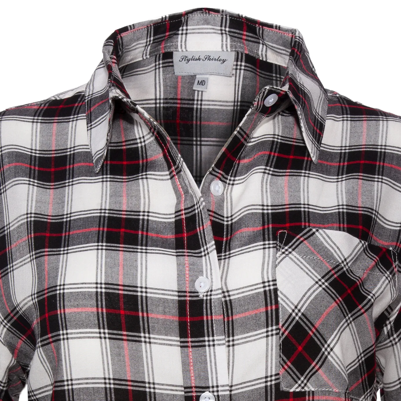 Women's Long Sleeve, Button Down Rayon Plaid Shirt. Black/Ivory. Style# 8276