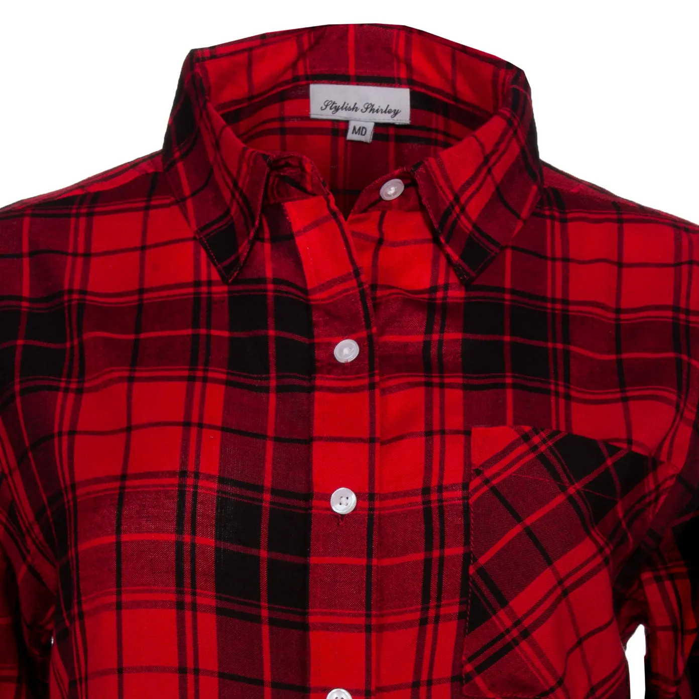 Women's Long Sleeve, Button Down, Rayon Plaid Shirt. Red/Black. Style# 8463