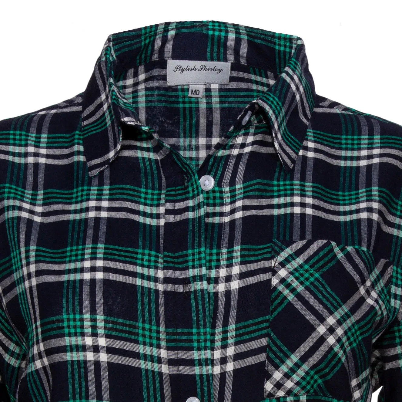 Women's Long sleeve, Button Front, Rayon Plaid Shirt. Green/Navy. Style# 8277