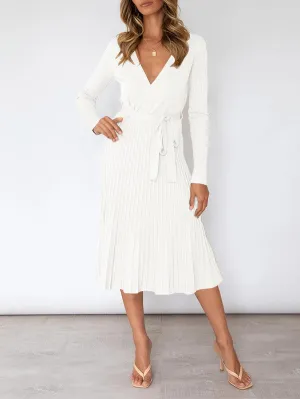 Women's Long Sleeve Midi Dress Wrap Pleated Sweater Dresses