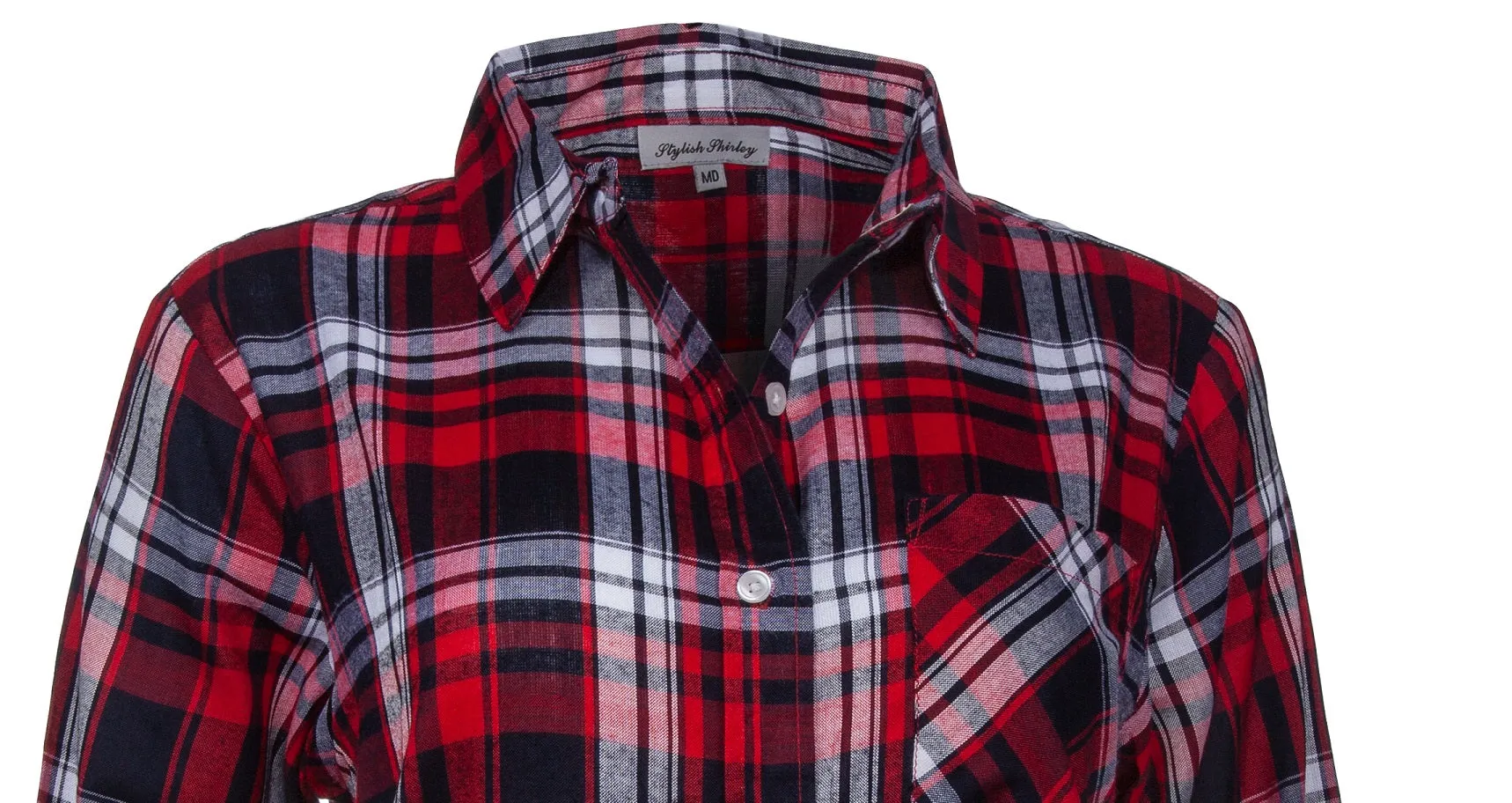 Women's Long sleeves, Button Down, Rayon Plaid Shirt. Navy/Red. Style# 8467