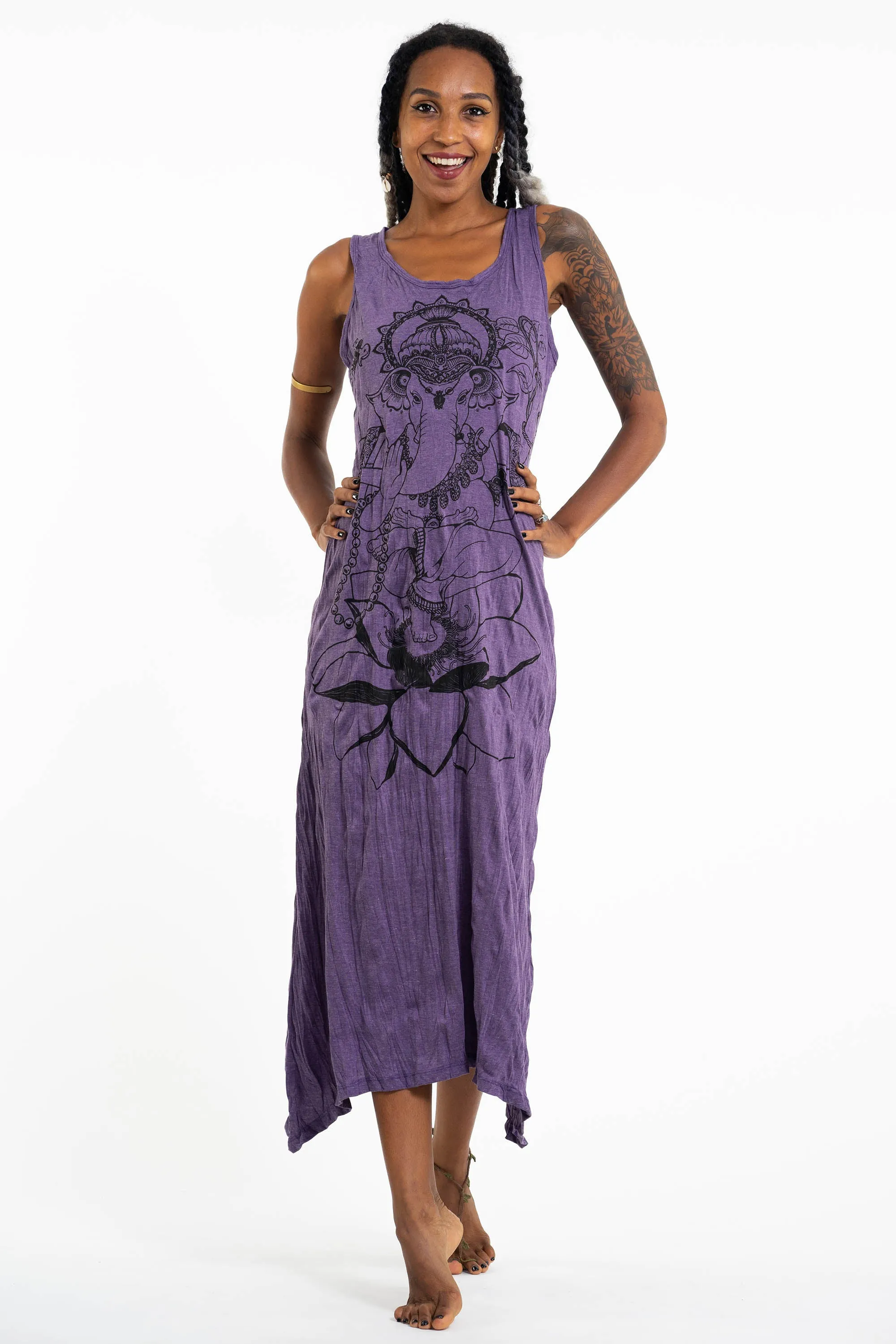 Womens Lord Ganesh Long Tank Dress in Purple