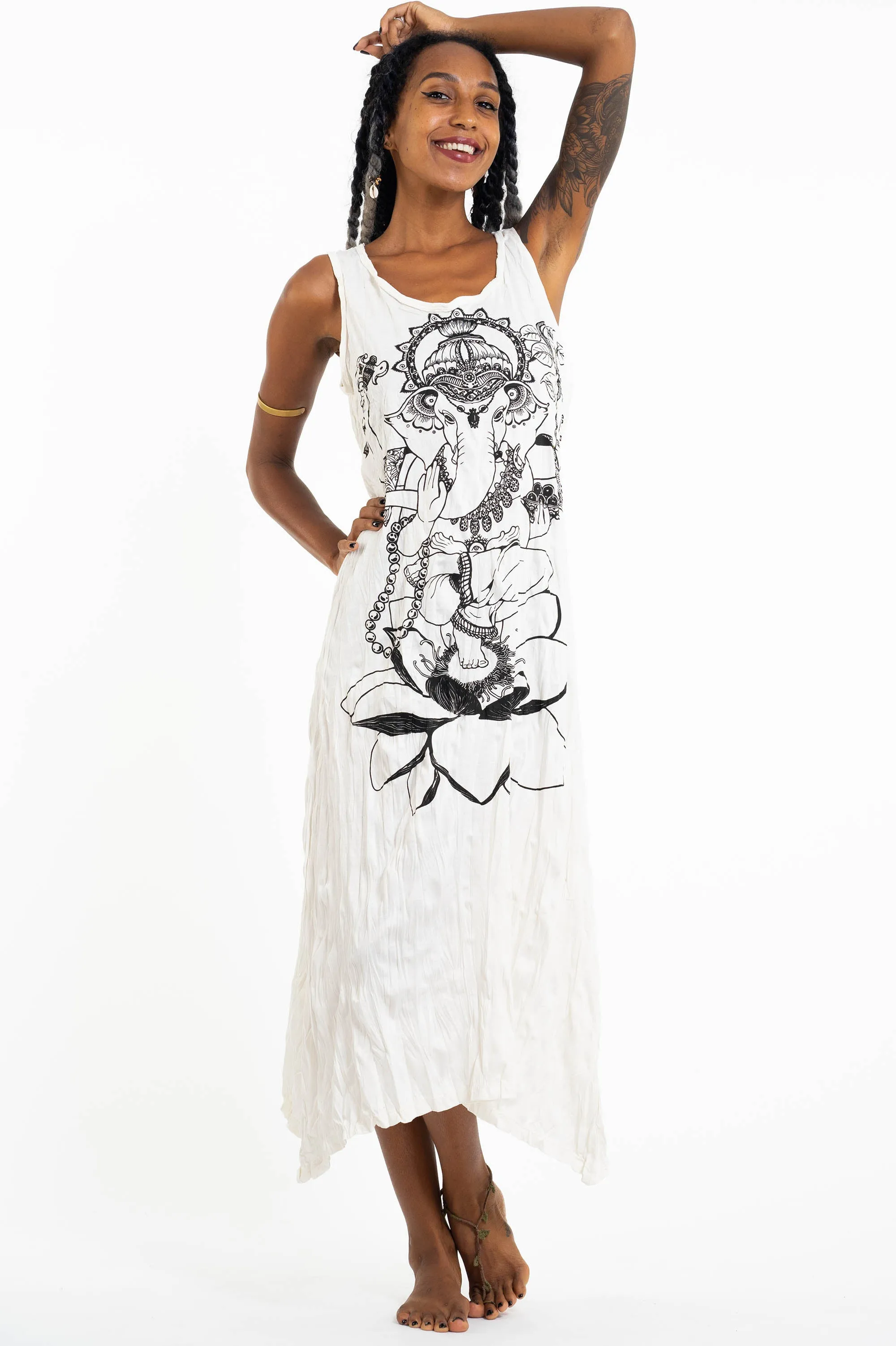 Womens Lord Ganesh Long Tank Dress in White