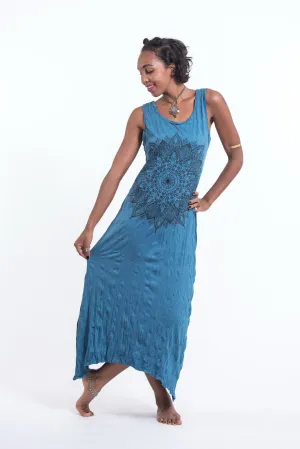 Womens Lotus Mandala Long Tank Dress in Denim Blue