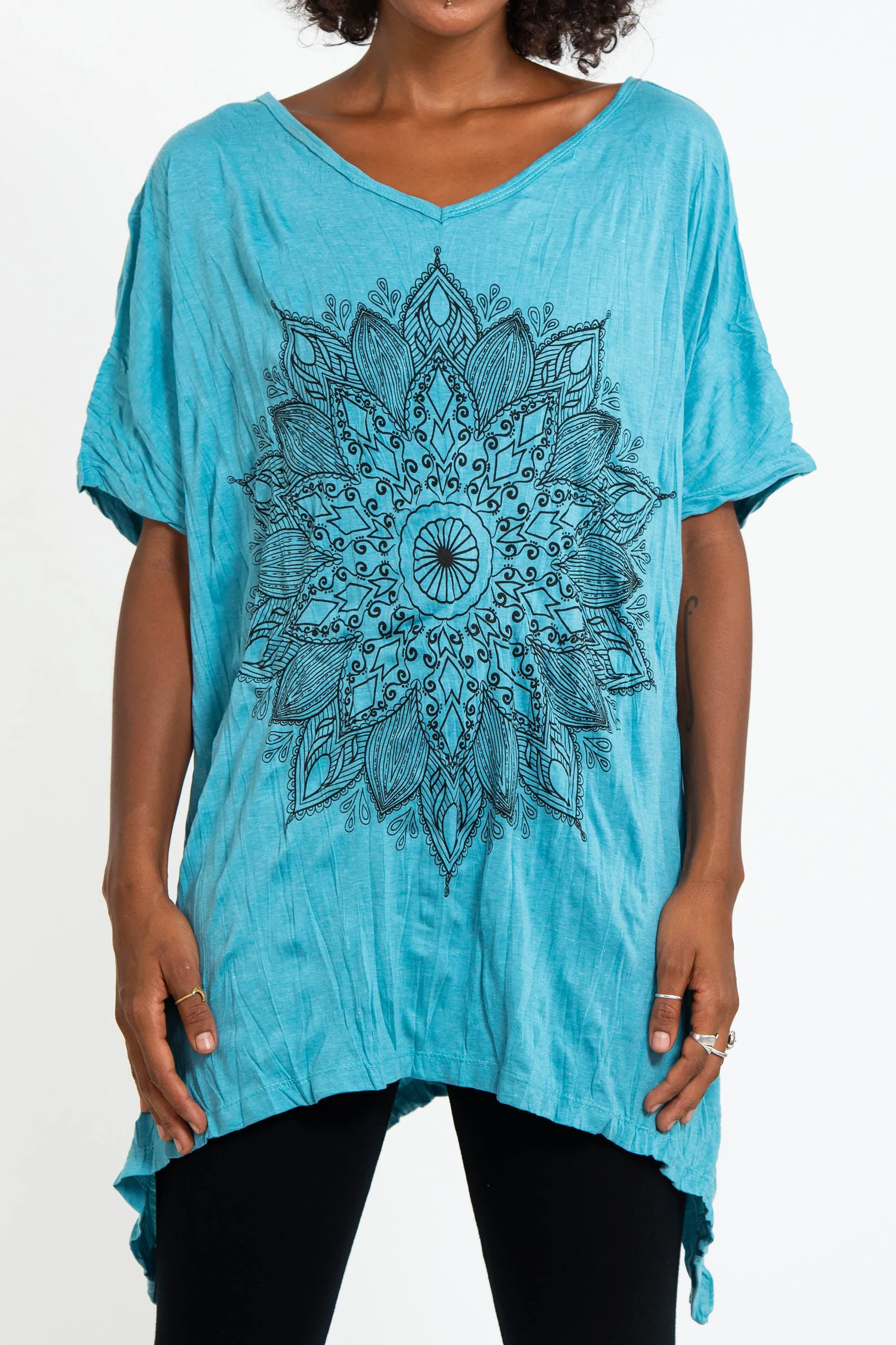 Womens Lotus Mandala Loose V Neck T-Shirt in Turquoise