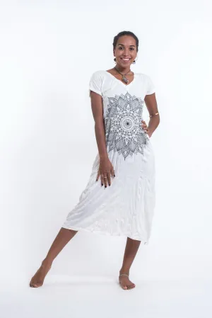 Womens Lotus Mandala V Neck Long Dress in White