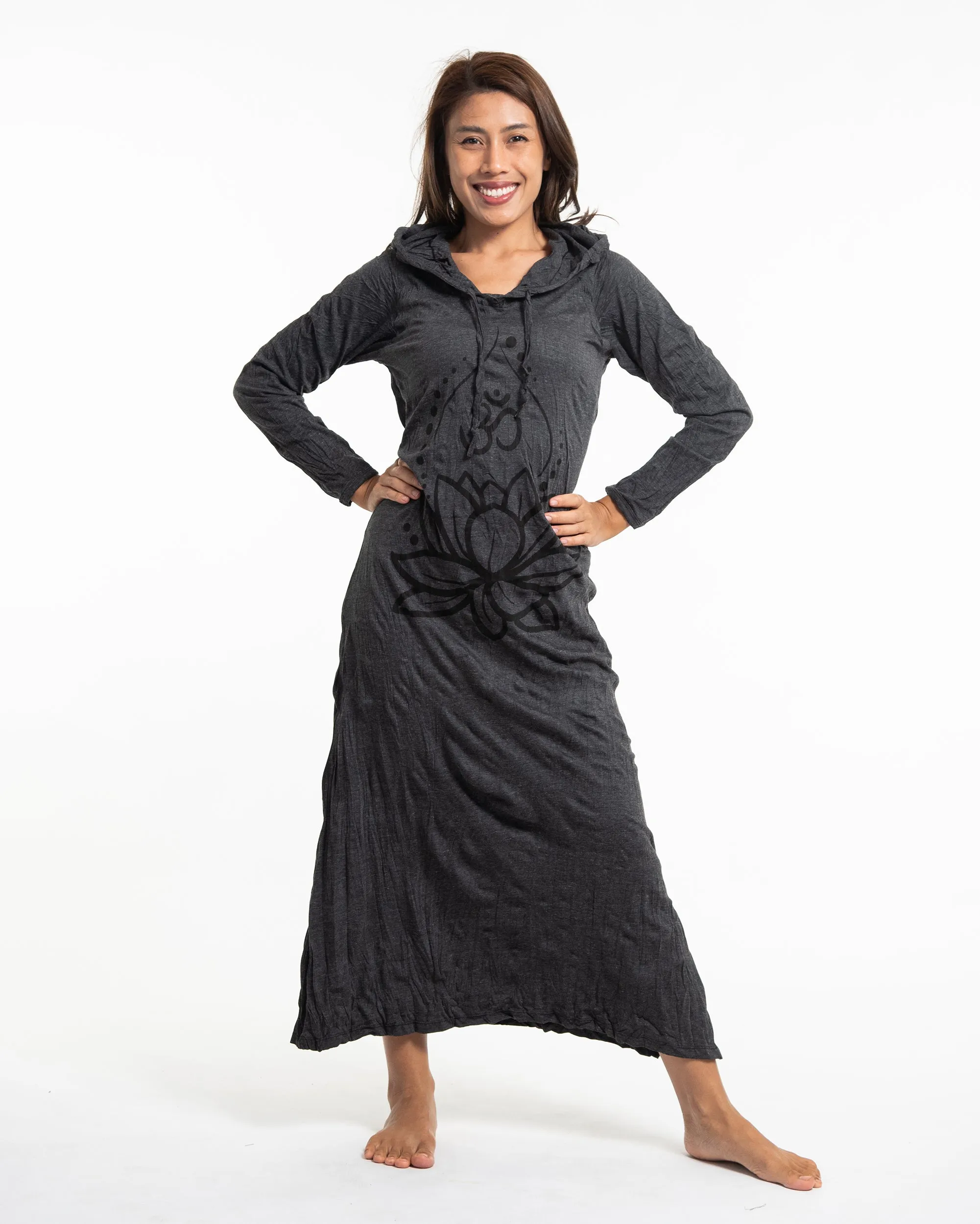 Womens Lotus Om Long Hoodie Dress in Black