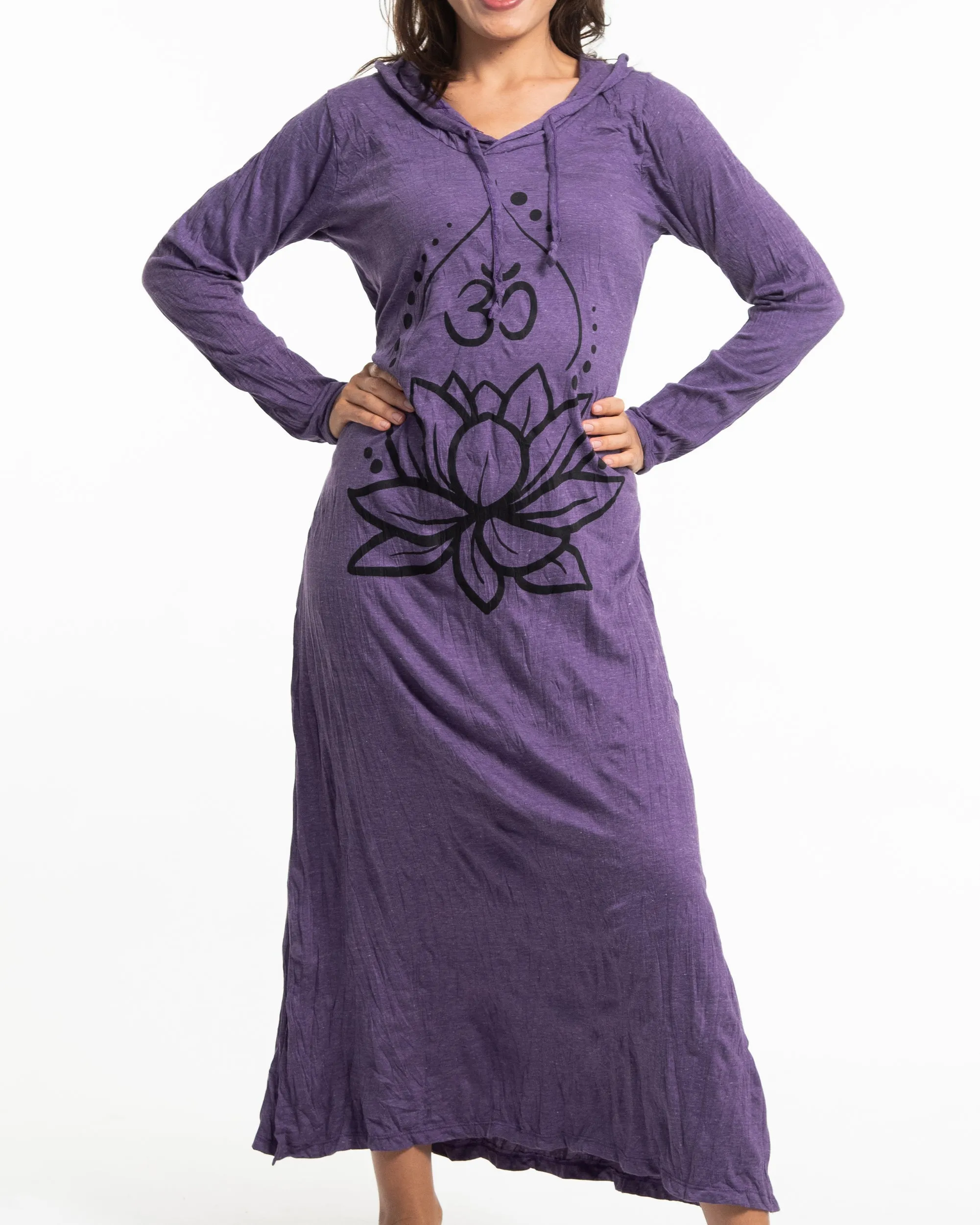 Womens Lotus Om Long Hoodie Dress in Purple